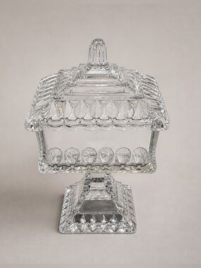 Vintage Cut Glass Pedestal Trinket Box Lidded Dish